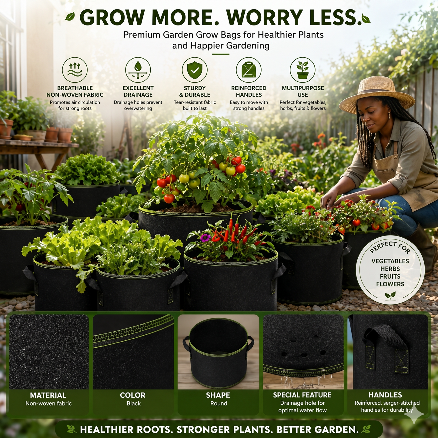 5-Pack 5 Gallon Fabric Grow Bags